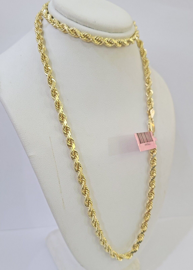 14K Solid Yellow Gold 4mm Rope Chain 24 inch Diamond cut necklace