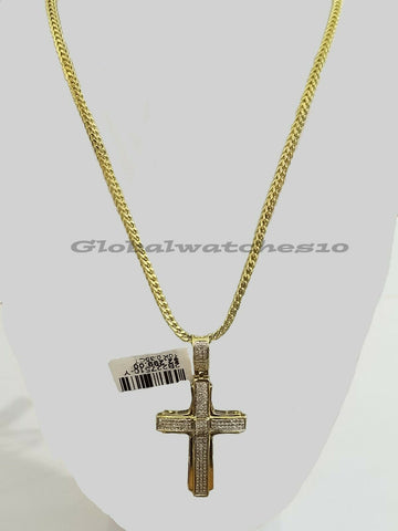 10k Real Gold Diamond Cross Charm Pendant With Rope Franco Miami Cuban Chain