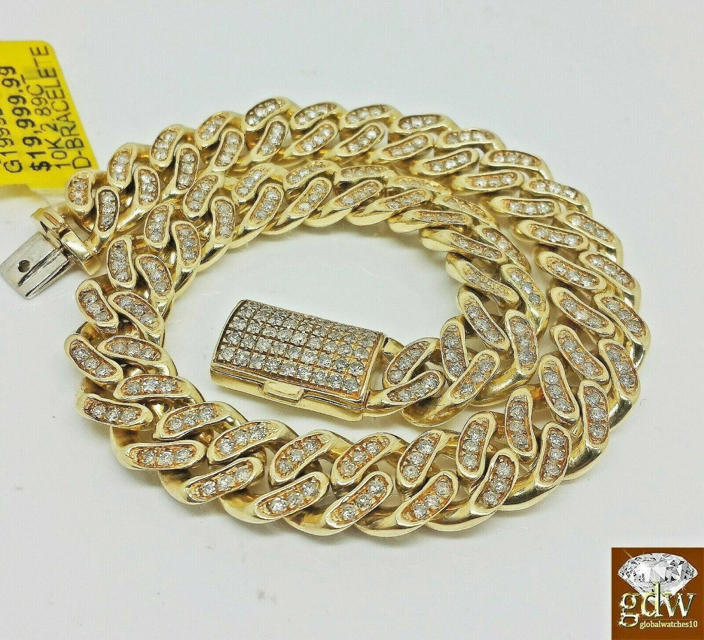 10k Yellow Gold Miami Cuban 9" Tennis  Bracelet 7.5 mm Diamonds 2.89 CT