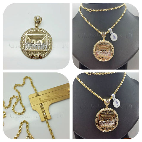 10k Yellow Gold Last supper Pendant Charm 3mm Rope Chain 22" 24" 26" 28"
