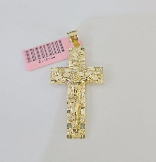 14k Nugget Cross Charm Miami Cuban Chain 4mm 24 inch SET Yellow Gold