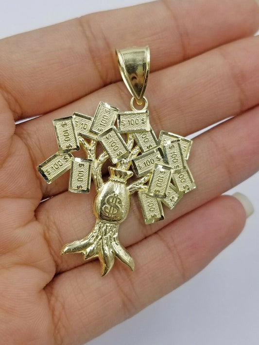 Real 10k Yellow Gold Lucky $100 Dollar Bag Charm Money Tree Pendant Men Women