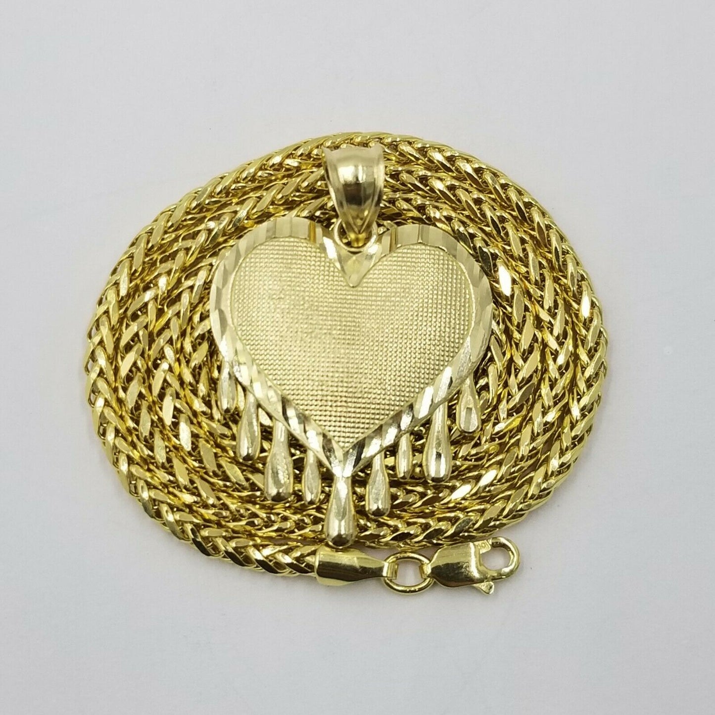 10k Dripping Heart Yellow Gold Diamond Cut Pendant Palm Chain 20" 3mm