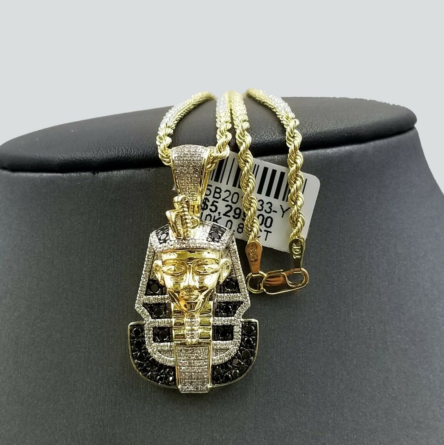 10k Yellow Gold Pharaoh Head Pendant Rope Chain 24" Black White Diamond 0.81CT