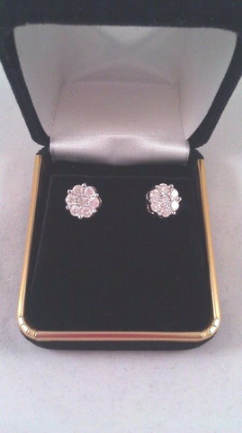 Solid 14K White Gold 1CT Genuine Diamond Earring Round Cut Flower Stud