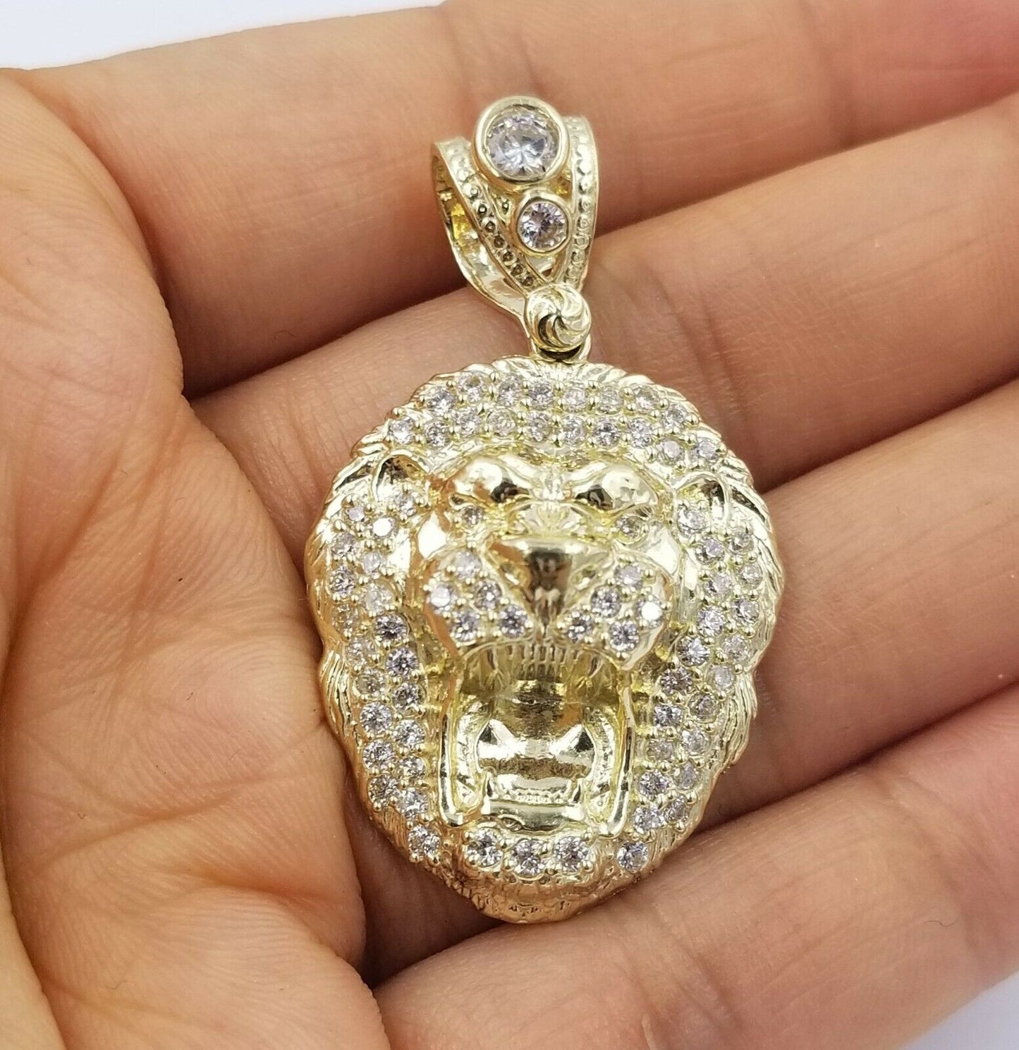 10k Yellow Gold Roaring Lion Head Charm Pendent With 3mm Rope Chain 20 22 24