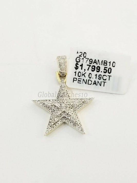 10K Real Yellow Gold Double Star Emoji Charm Pendant Real Diamonds Men Women