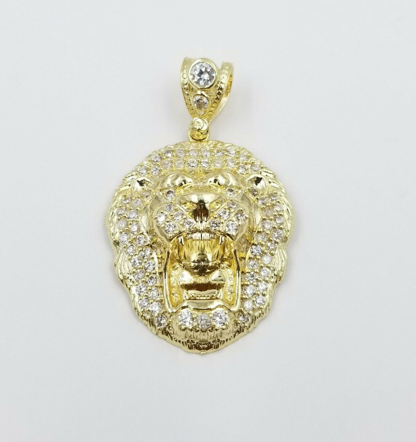 REAL 10k Yellow Gold KING Lion Head Charm Pendent 4mm Rope Chain 20 22 24 26