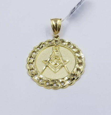 10K Yellow Gold Masonic Mason Charm Pendant Miami Cuban Design Diamond Cut 1.5"