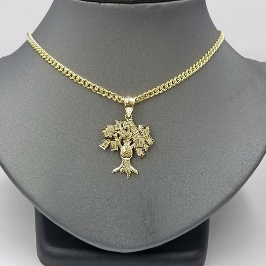 10K $100 Tree Charm Gold Pendant Miami Cuban Chain in18 20 22 24 26 28 Inch Real