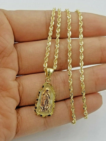 10k Yellow Gold Virgin Mary Charm Rope Chain 18" 20" 22" 24" 26" 28" REAL 10kt