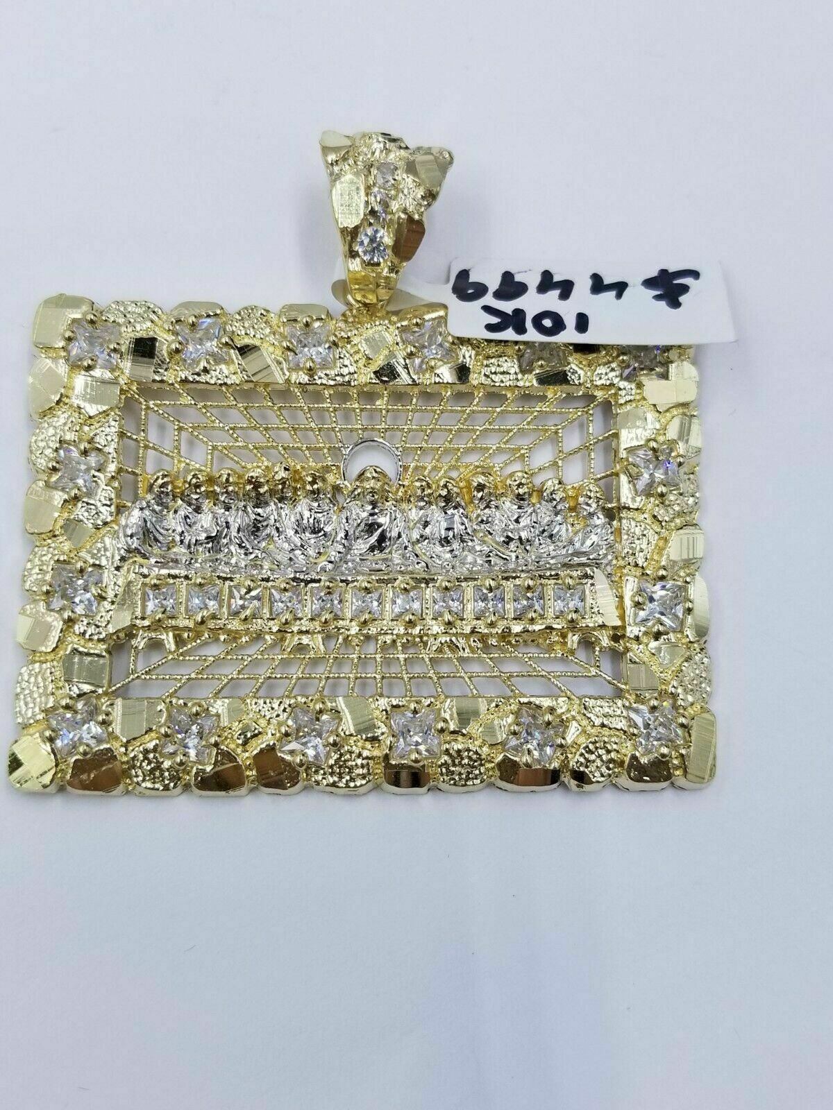 Real 10k Yellow Gold Mens Nugget Last supper pendant 2" Charm Diamond Cut ,Jesus