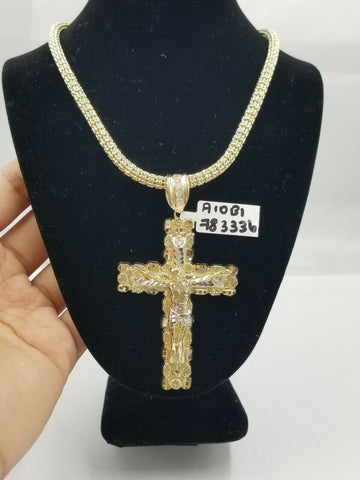 10k Gold Jesus Cross Charm 26" Iced Chain Bead Necklace Diamond Cut Nugget Real