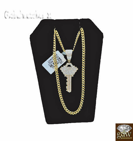 10k Gold Key to the City Charm Pendant with Miami Cuban Chain 20 22 24 26 inch