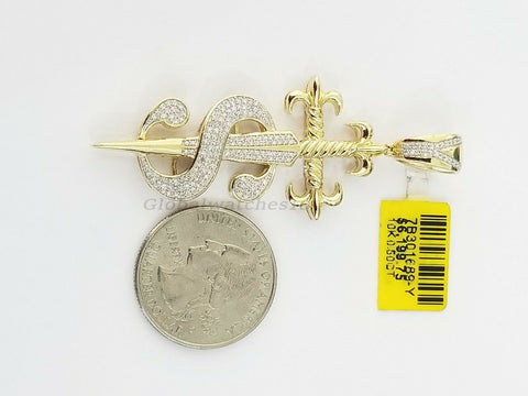 10k Yellow Gold Diamond Solid Dollar Sign Sword Charm Pendant with 2.5 inch Long