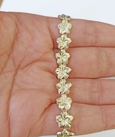 Real 10K Yellow Gold Flower Bracelet 9mm 8 Inches 10kt Gold