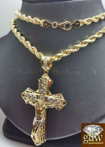 10k Gold Men's Jesus Crucifix Cross Pendent Charm with 24 Inch Rope Chain REAL