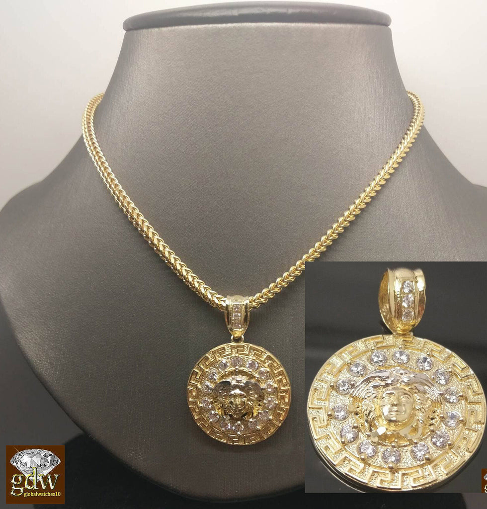 10K Gold Chain 22" 10k Pendant "M" Head Charm 10k Yellow Gold Franco Necklace
