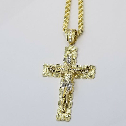 Mens 10k Yellow Gold Cross Charm Diamond Cut Pendant Byzantine Chain in 24" Real