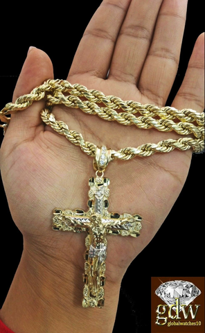 10k Real Gold Cross Charm Pendant 6mm Rope Chain Set 22"