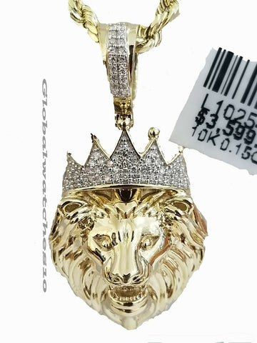 10k Yellow Gold & Diamond Lion head Pendant with 18"-26" Inches Franco Chain
