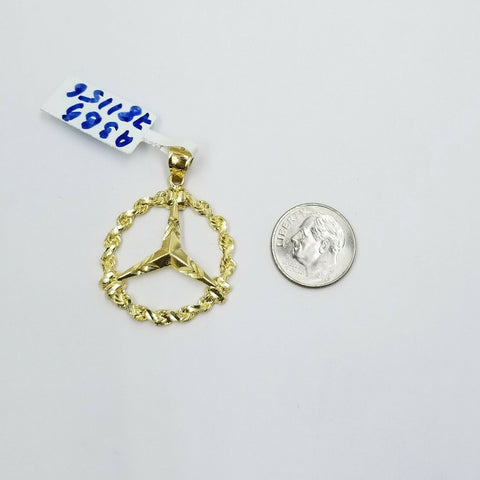Real 10K Mercedes Gold Charm in 2.5mm Rope Chain 18 20 22 24 26 Inch Diamond Cut
