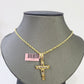 14k Yellow Gold Rope Chain & Jesus Nugget Cross Charm SET 3mm 16 Inches Necklace