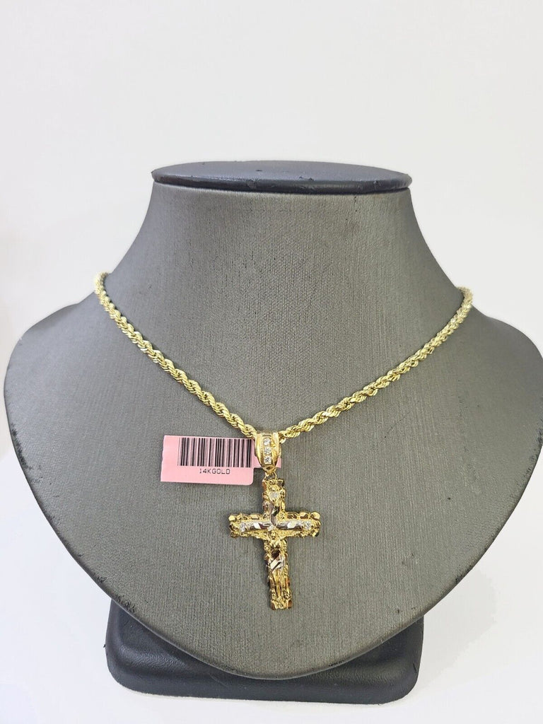14k Yellow Gold Rope Chain & Jesus Nugget Cross Charm SET 3mm 16 Inches Necklace
