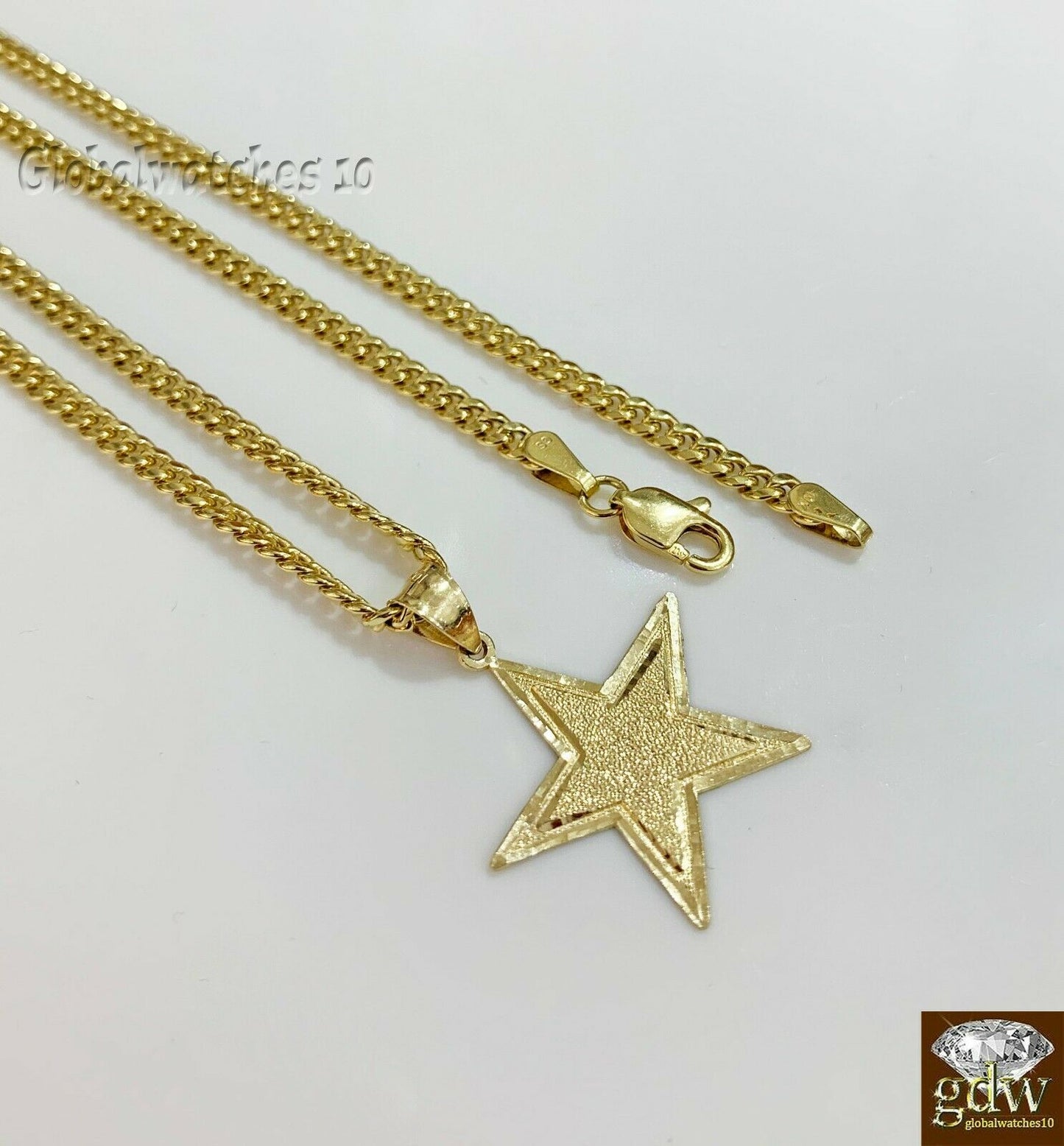 10k Gold Charm Pendant Star with Miami Cuban Chain in 22 24 26 28 Inch, Real