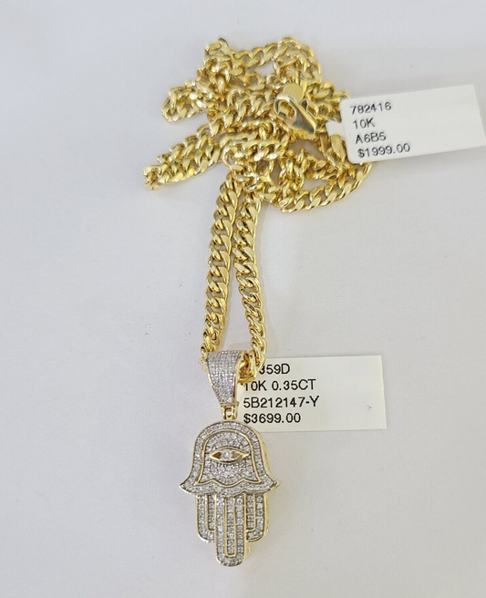 10k Diamond Hamsa Charm Miami Cuban Chain 4mm 22 inch SET Yellow Gold