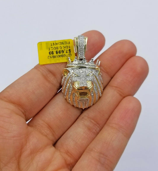 10K Yellow Gold & Diamond Pendant King Roaring Lion Head Charm For Mens