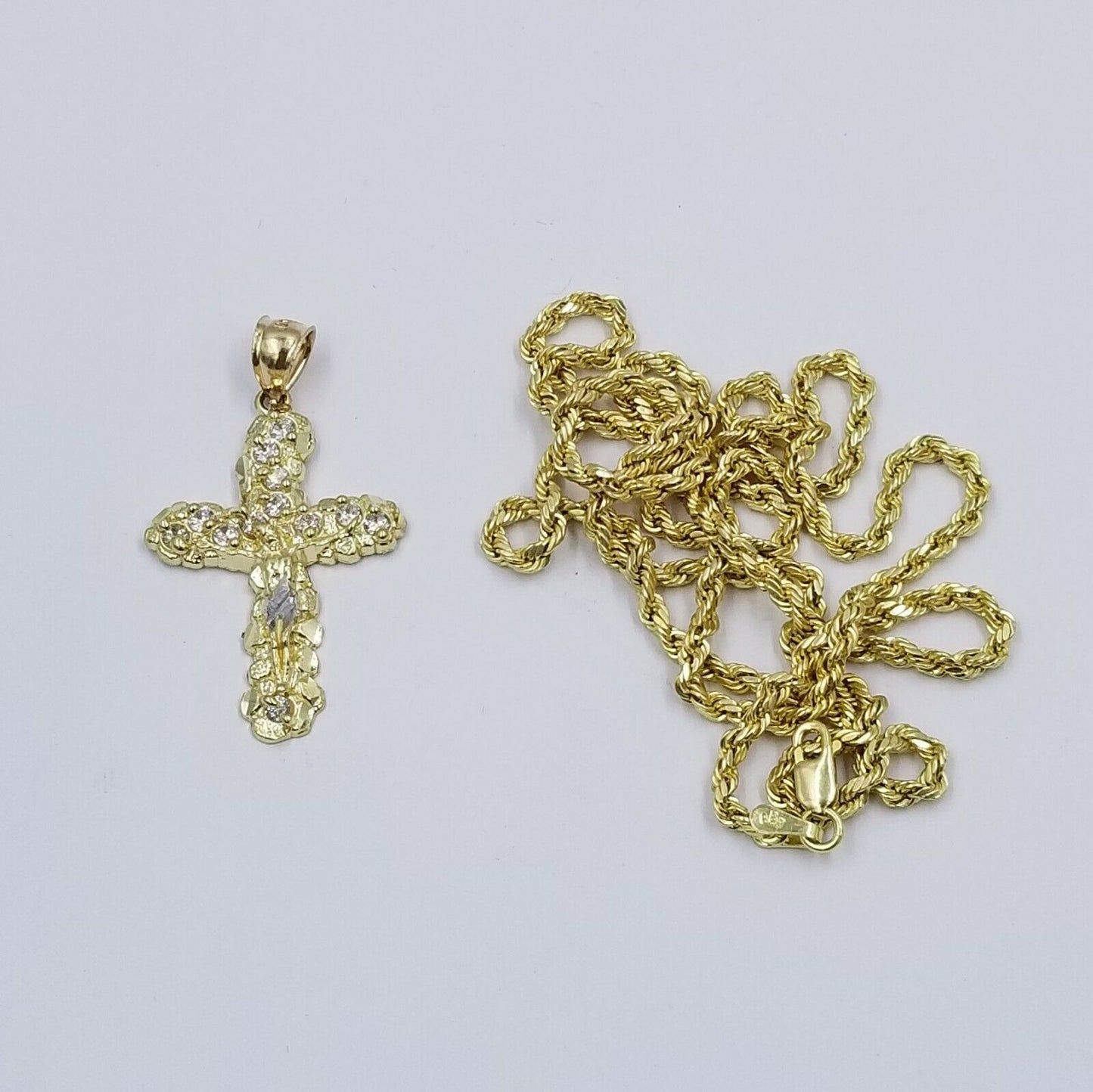 10k Yellow Gold Crucifix Cross Charm Jesus Pendant Rope Chain 18 20 22 24 26