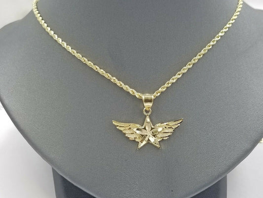 10k Gold Mens Starwings Charm Pendant 2.5mm Rope Chain in 18 20 22 24 26 28 Inch