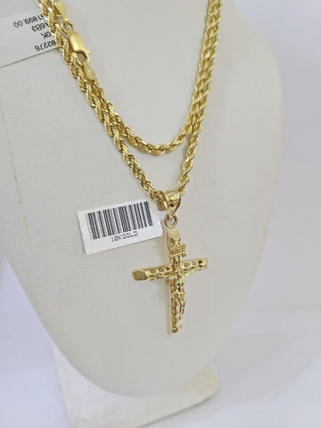 10k Gold INRI Jesus Pendant Rope Chain 3mm 22'' Necklace Set Real Genuine