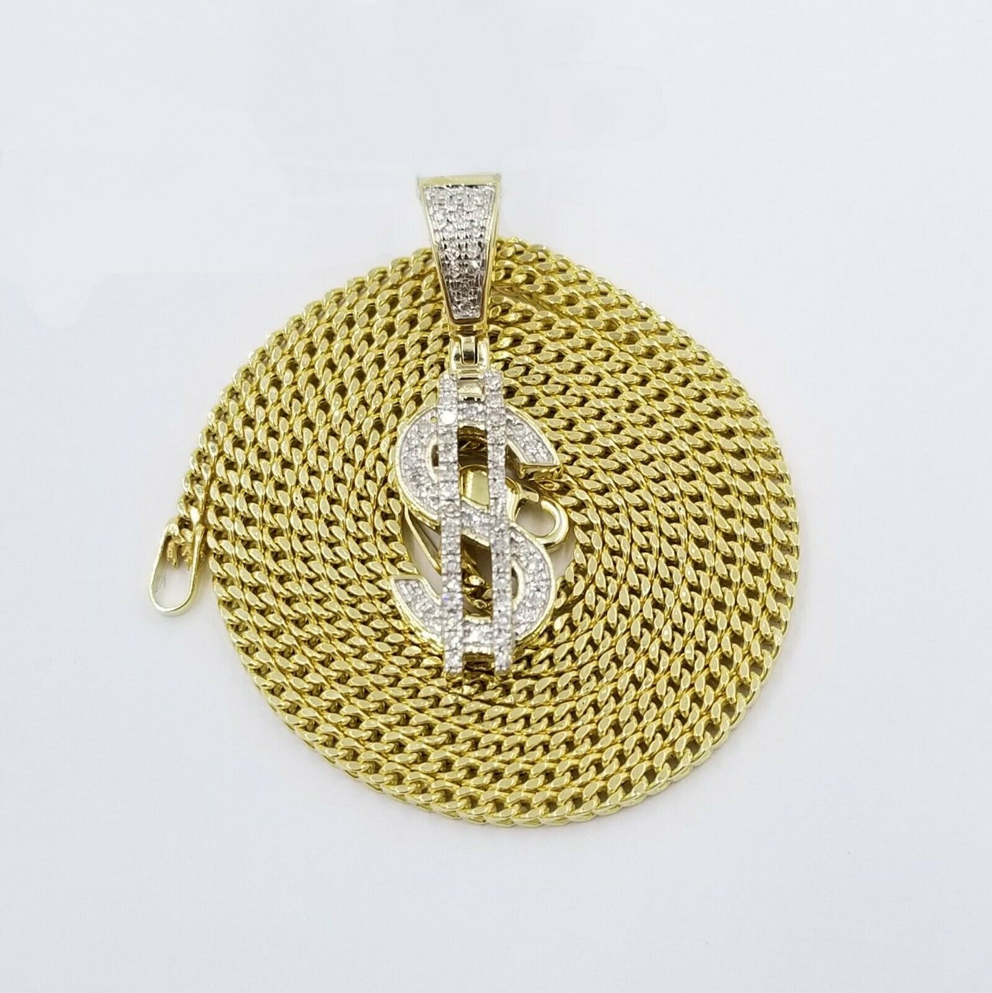 10k Yellow Gold Franco Chain & Diamond Dollar Sign Pendant SET 22" 0.17CT  REAL