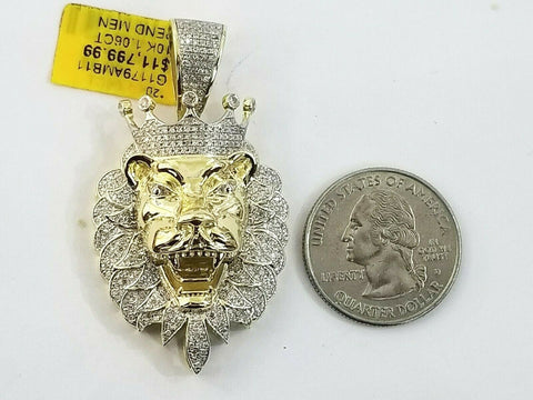 Real Diamond Pendant King Lion Head Mens Crown Charm 10k Yellow Gold Solid Real