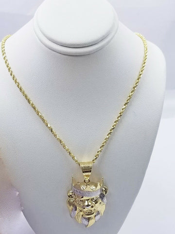 10k Gold Crown Lion Head Charm Pendant 2.5mm 18" 20" 22" 24" 26" Rope Chain