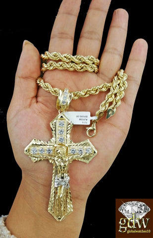 Real 10k Yellow Gold Mens Jesus Cross Charm/Pendant with 26 Inch long Rope Chain