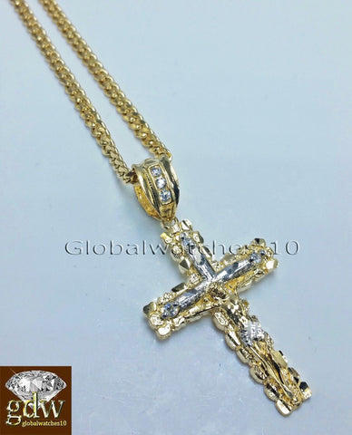 10k Yellow Gold Jesus Cross Charm Pendant 10K 24" Miami Cuban Chain SET Real
