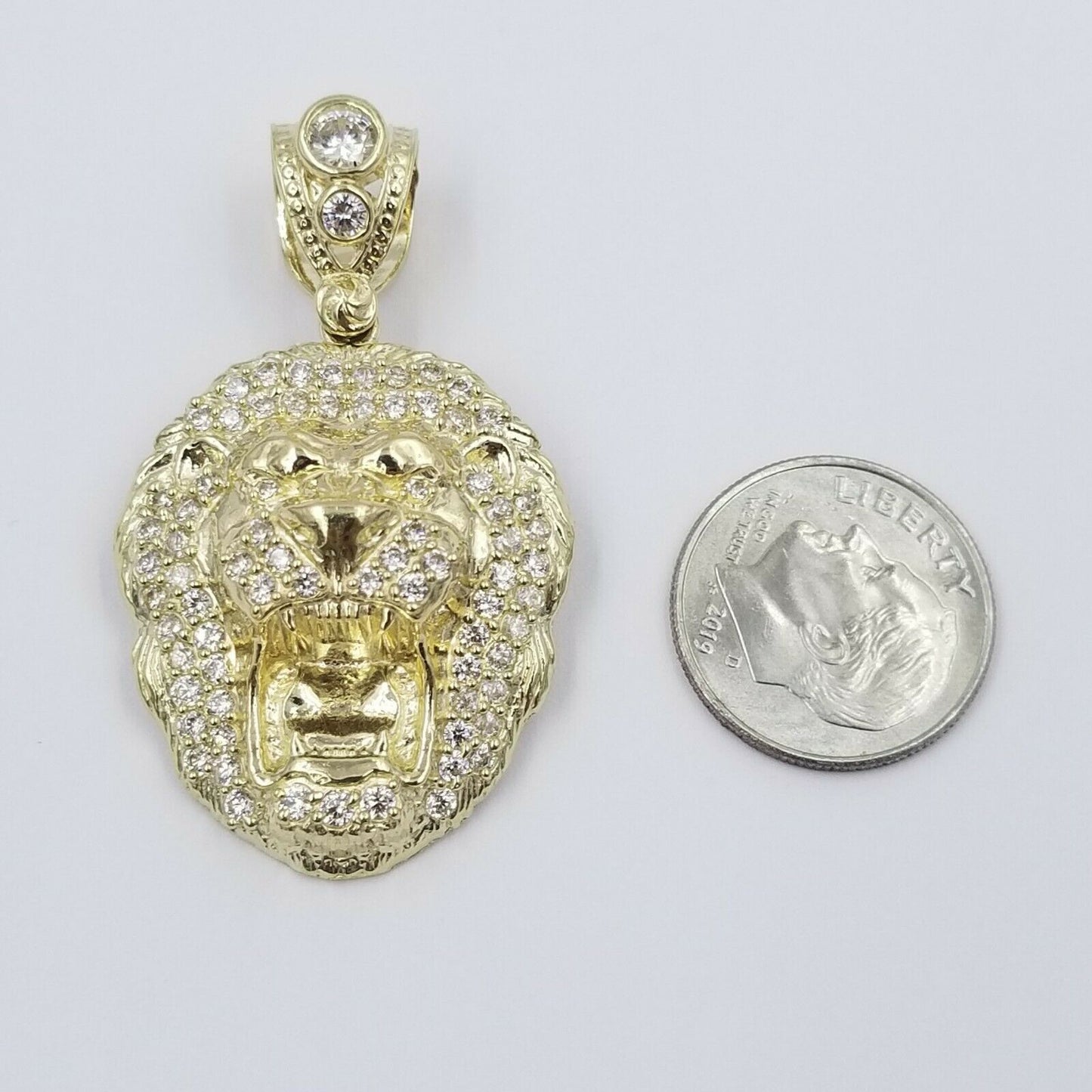 10k Yellow Gold Roaring Lion Head Charm Pendent With 3mm Rope Chain 20 22 24