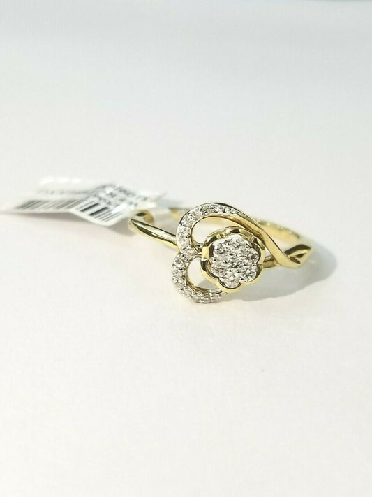 10k Yellow Gold Diamonds ladies Ring Heart Design Flower Setting Genuine Diamond