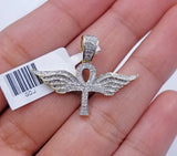 10K Yellow Gold Real Diamond Ankh Angel Wing Cross Pendent