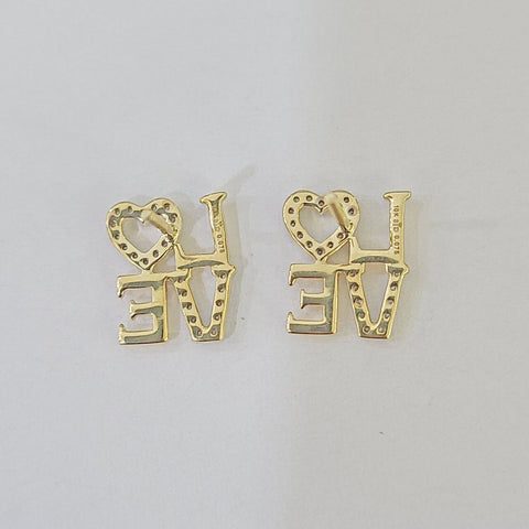 10k Yellow gold LOVE Heart Earrings Real Diamond screw-back Women Men studs