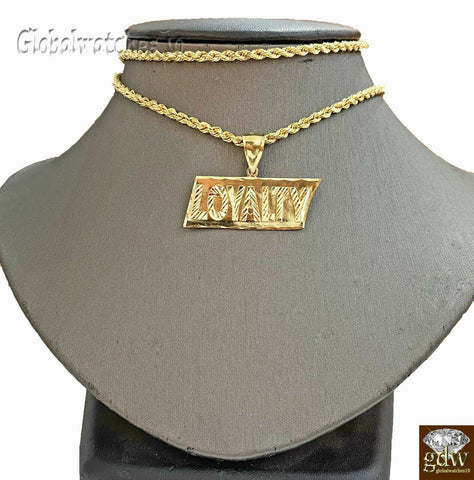 Real 10k Gold Mens Loyalty Charm Pendant with Rope Chain in 18 20 22 24 26 Inch