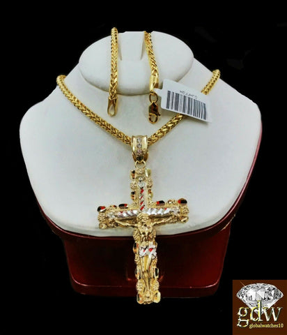 Real 10k Yellow Gold Mens Jesus Cross Charm Pendant with 22 Inch Long Palm Chain
