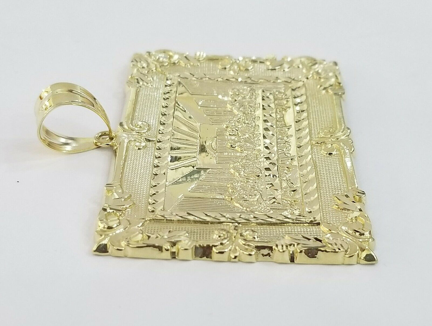 10K Real Yellow Gold Last supper Charm Diamond Cut Pendant Jesus Religious Mens