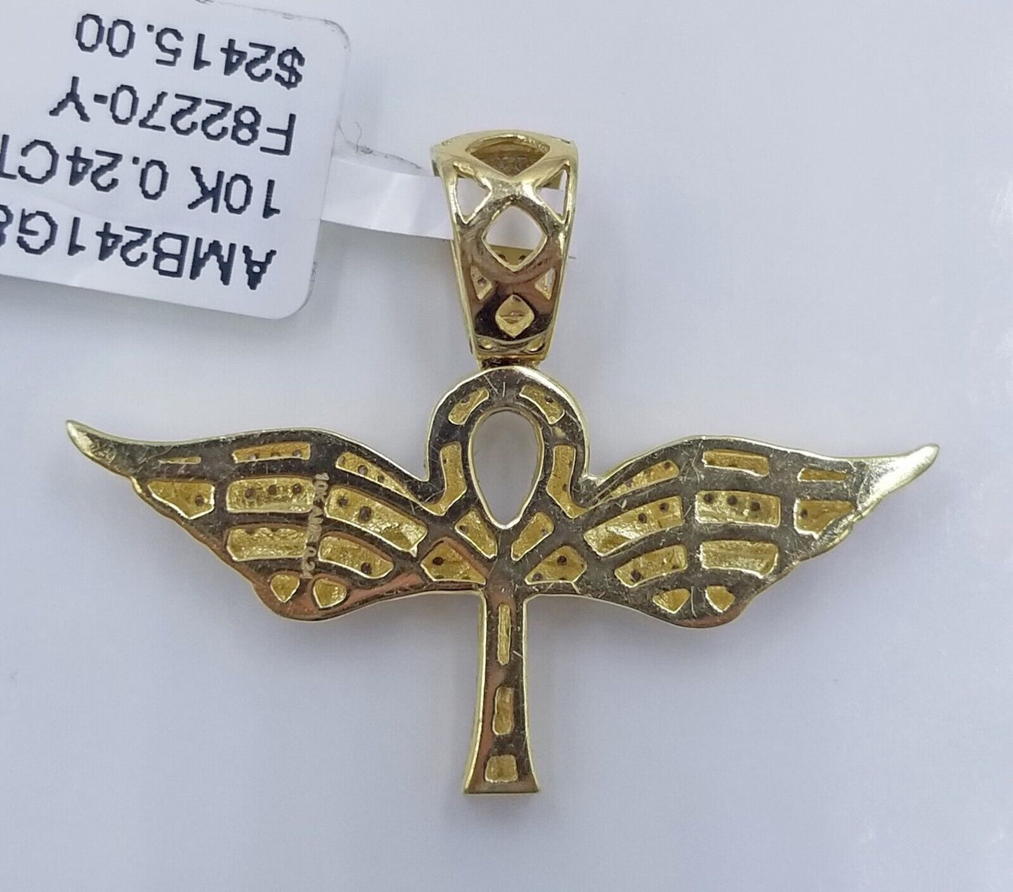 10K Yellow Gold Real Diamond Ankh Angel Wing Cross Pendent