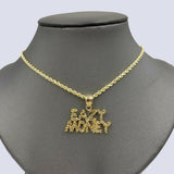 10k Yellow Gold Easy Money Sign Pendant with Rope Chain Nuggets Design 18"