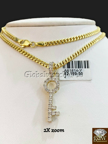 10k Gold Key Charm Pendant with Miami Cuban Chain in 20 22 24 26 inch,Real Gold