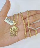 10k Gold Basketball Goal Pendant Rope Chain 3mm 26'' Necklace Set Yellow Genuine